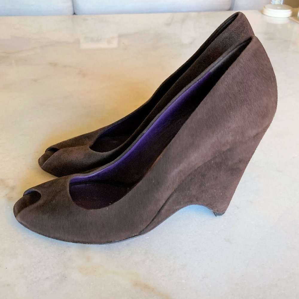 Miu Miu dark brown suede peep toe wedge / high heel pump / shoes (size 39.5)